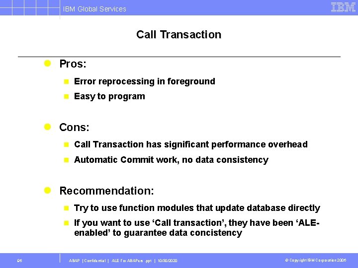 IBM Global Services Call Transaction l Pros: n Error reprocessing in foreground n Easy