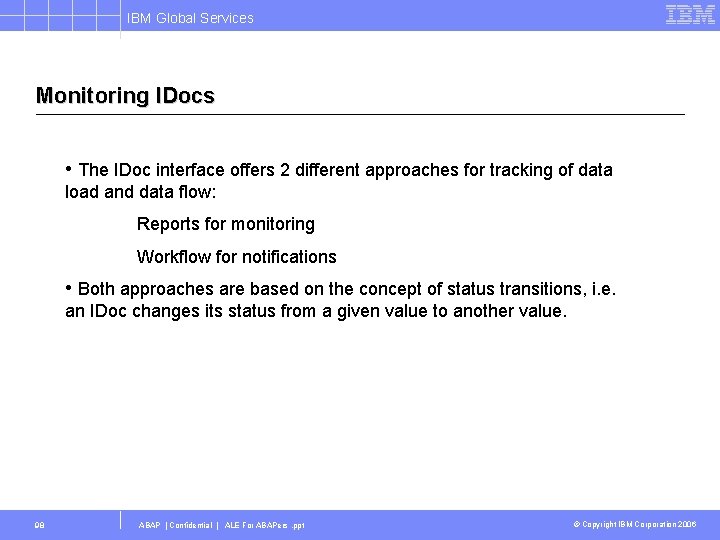 IBM Global Services Monitoring IDocs • The IDoc interface offers 2 different approaches for