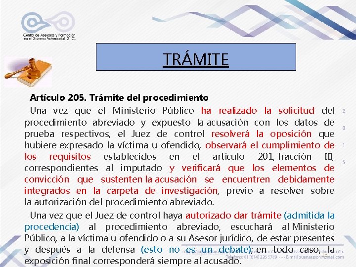 TRÁMITE Artículo 205. Trámite del procedimiento Una vez que el Ministerio Público ha realizado