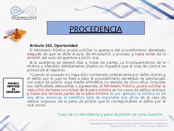 PROCEDENCIA PRIMERA HIPÓTESIS DE REDUCCIÓN Artículo 202. Oportunidad El Ministerio Público podrá solicitar la