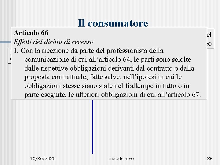 Il consumatore Articolo 66 … Peculiarità del Effetti del diritto di recesso Consumatore elettronico