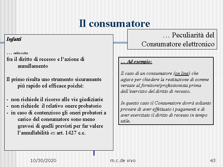 Il consumatore … Peculiarità del Consumatore elettronico Infatti …Diritto nella sceltadi recesso del Consumatore