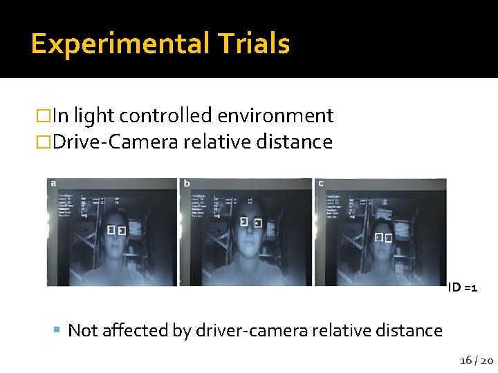 Experimental Trials �In light controlled environment �Drive-Camera relative distance ID =1 Not affected by