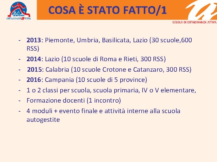 COSA È STATO FATTO/1 - 2013: Piemonte, Umbria, Basilicata, Lazio (30 scuole, 600 RSS)