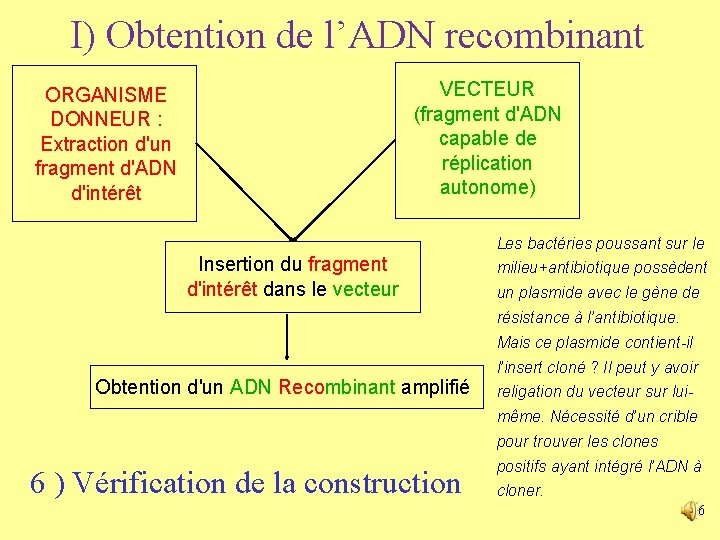 I) Obtention de l’ADN recombinant VECTEUR (fragment d'ADN capable de réplication autonome) ORGANISME DONNEUR