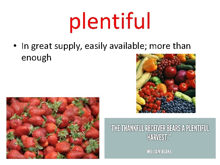 plentiful • In great supply, easily available; more than enough 