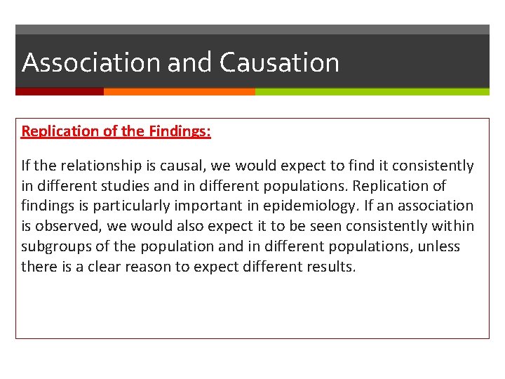 Association and Causation Replication of the Findings: If the relationship is causal, we would