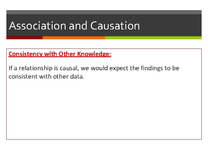 Association and Causation Consistency with Other Knowledge: If a relationship is causal, we would