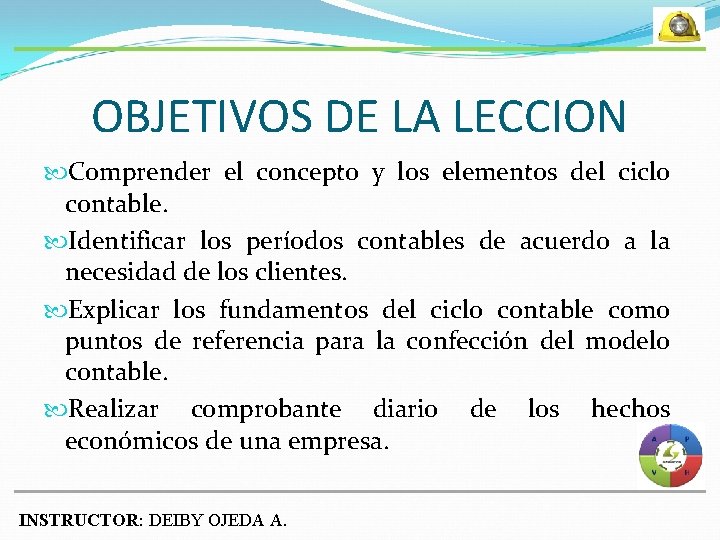 OBJETIVOS DE LA LECCION Comprender el concepto y los elementos del ciclo contable. Identificar