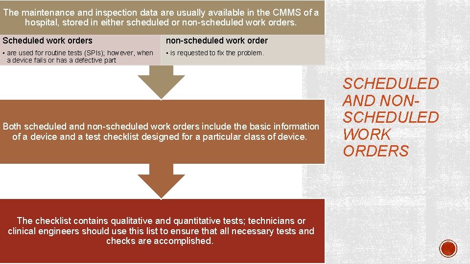 The maintenance and inspection data are usually available in the CMMS of a hospital,