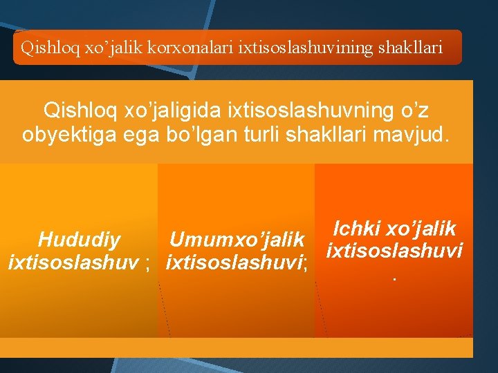 Qishloq xo’jalik korxonalari ixtisoslashuvining shakllari Qishloq xo’jaligida ixtisoslashuvning o’z obyektiga ega bo’lgan turli shakllari