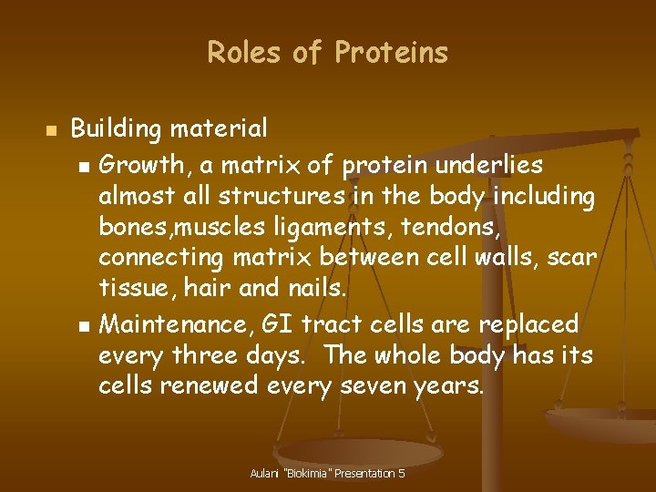 Roles of Proteins n Building material n Growth, a matrix of protein underlies almost