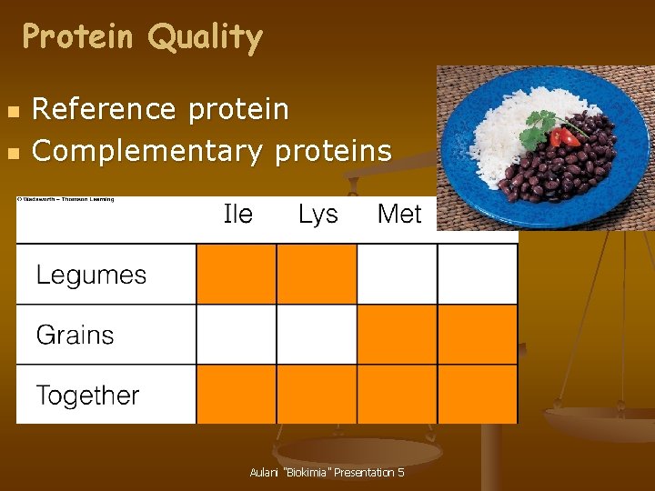 Protein Quality n n Reference protein Complementary proteins Aulani "Biokimia" Presentation 5 