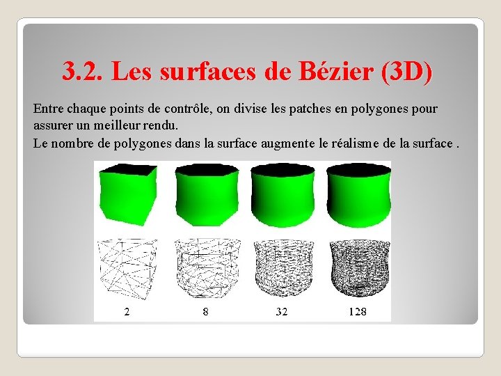 3. 2. Les surfaces de Bézier (3 D) Entre chaque points de contrôle, on