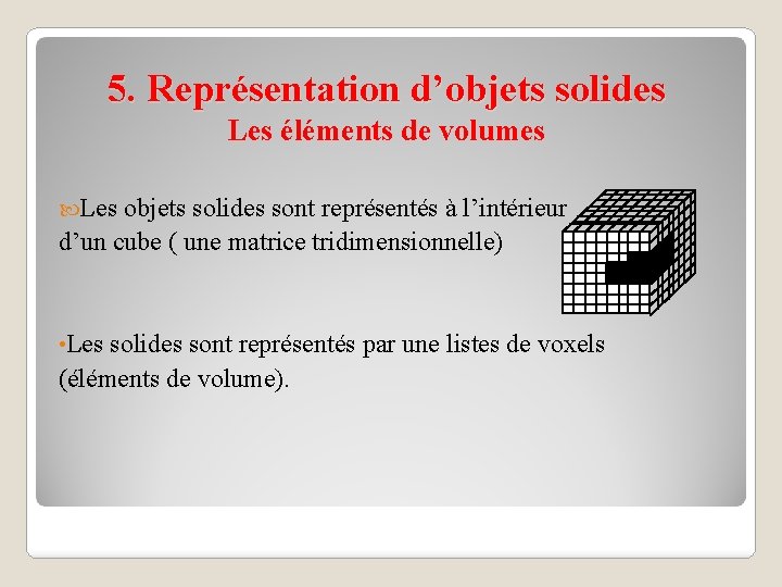 5. Représentation d’objets solides Les éléments de volumes Les objets solides sont représentés à