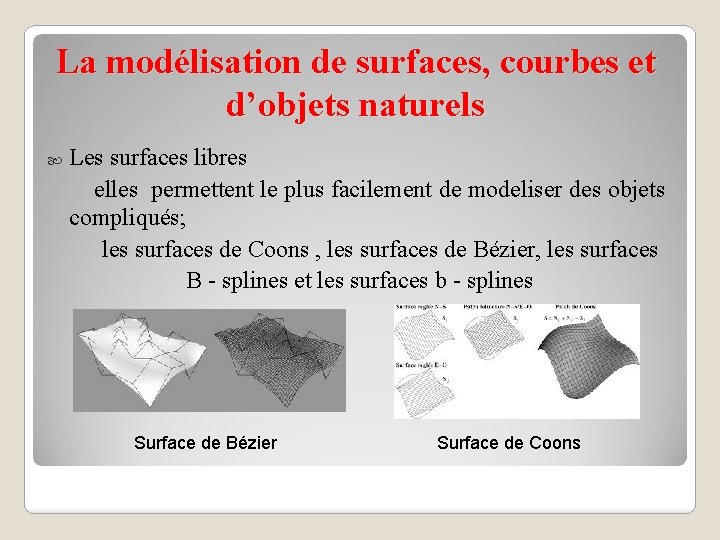 La modélisation de surfaces, courbes et d’objets naturels Les surfaces libres elles permettent le