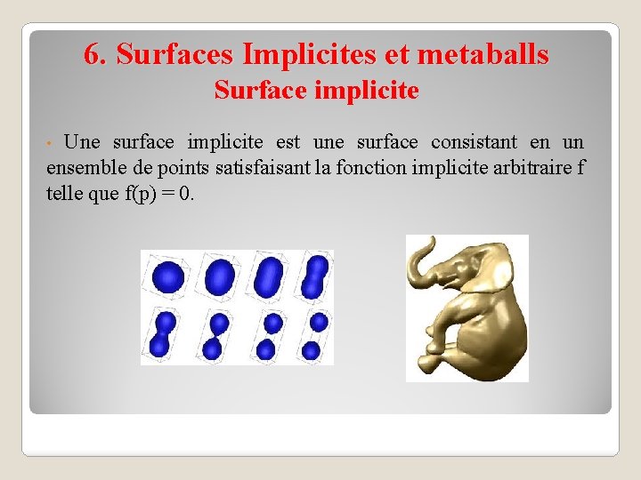 6. Surfaces Implicites et metaballs Surface implicite Une surface implicite est une surface consistant