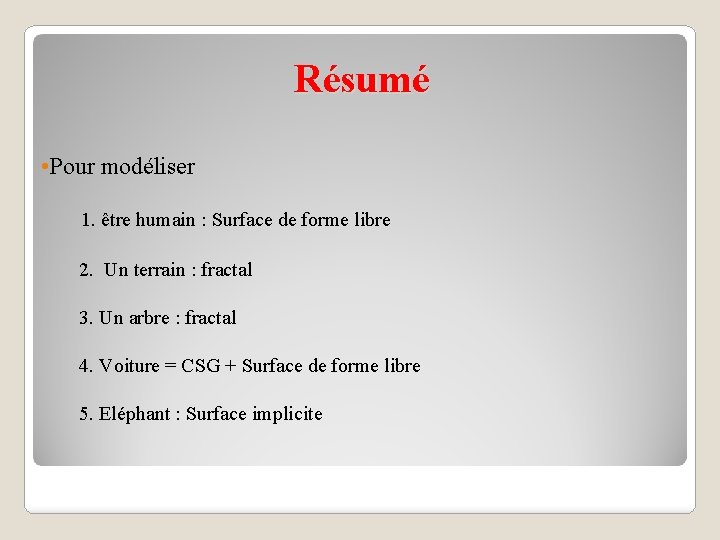 Résumé • Pour modéliser 1. être humain : Surface de forme libre 2. Un