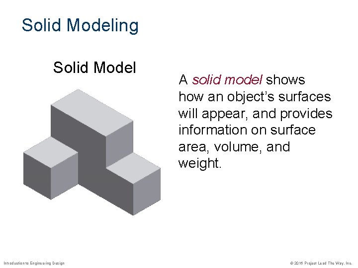 Solid Modeling Solid Model Introduction to Engineering Design A solid model shows how an