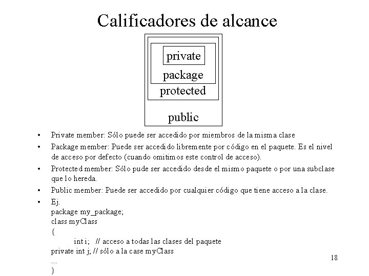Calificadores de alcance private package protected public • • • Private member: Sólo puede Calificadores de alcance private package protected public • • • Private member: Sólo puede
