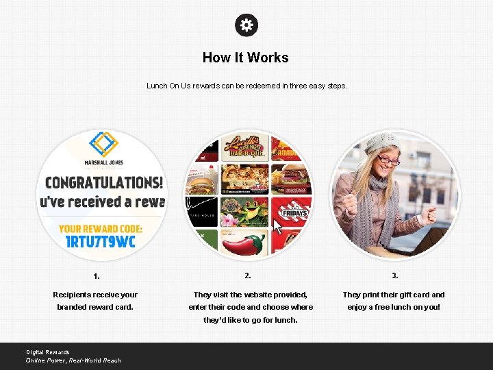 How It Works Lunch On Us rewards can be redeemed in three easy steps.
