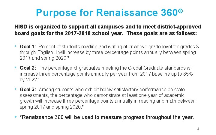 Purpose for Renaissance 360 ® HISD is organized to support all campuses and to