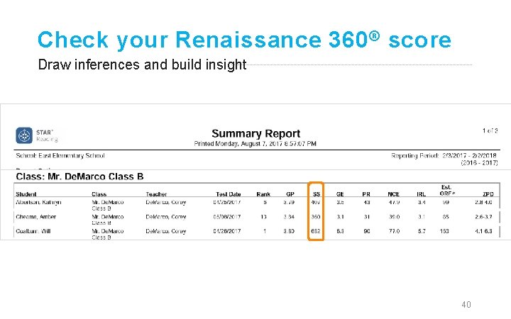 Check your Renaissance 360 ® score Draw inferences and build insight 40 
