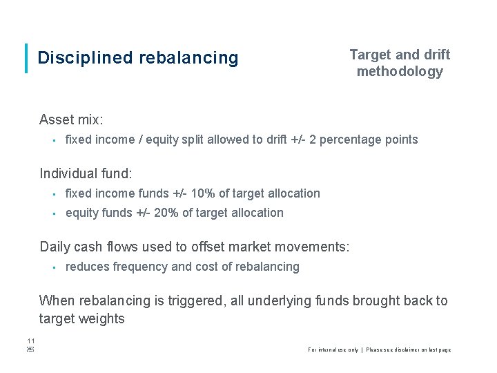 Target and drift methodology Disciplined rebalancing Asset mix: • fixed income / equity split