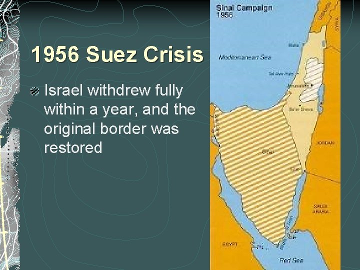 1956 Suez Crisis Israel withdrew fully within a year, and the original border was