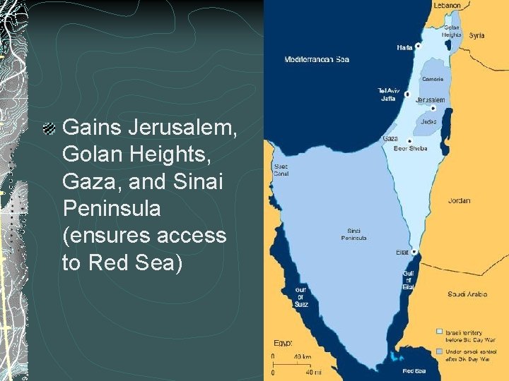 Gains Jerusalem, Golan Heights, Gaza, and Sinai Peninsula (ensures access to Red Sea) 