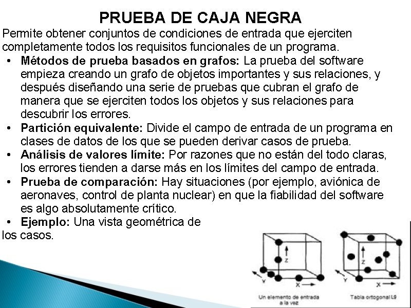 PRUEBA DE CAJA NEGRA Permite obtener conjuntos de condiciones de entrada que ejerciten completamente