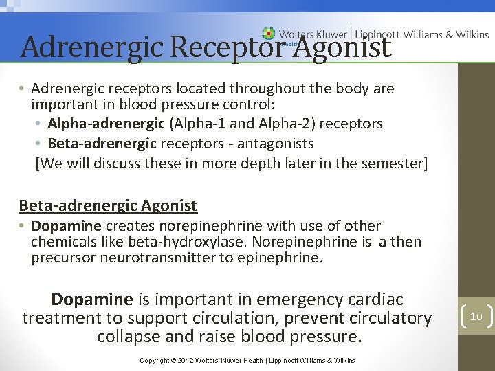 Adrenergic Receptor Agonist • Adrenergic receptors located throughout the body are important in blood
