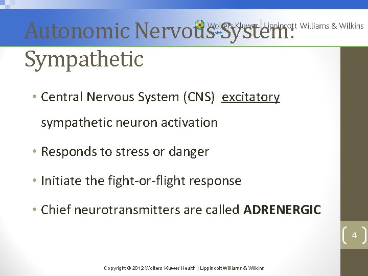 Autonomic Nervous System: Sympathetic • Central Nervous System (CNS) excitatory sympathetic neuron activation •
