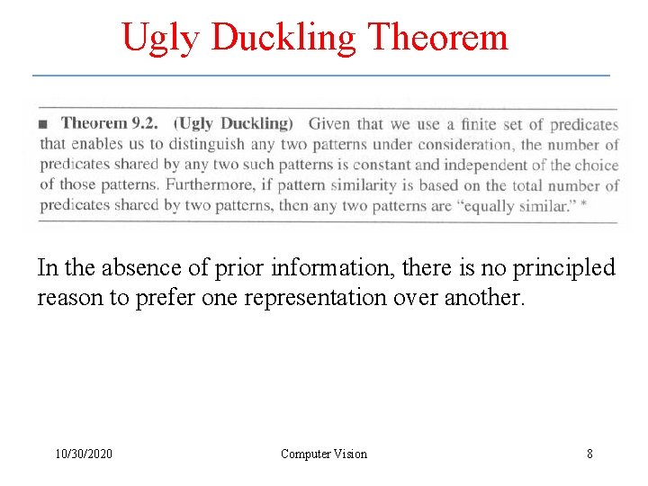 Ugly Duckling Theorem In the absence of prior information, there is no principled reason