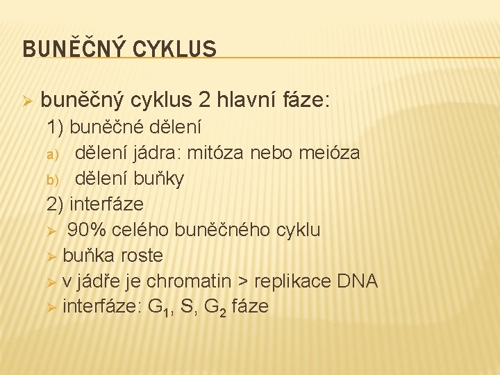 BUNĚČNÝ CYKLUS Ø buněčný cyklus 2 hlavní fáze: 1) buněčné dělení a) dělení jádra: