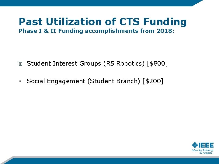 Past Utilization of CTS Funding Phase I & II Funding accomplishments from 2018: Student