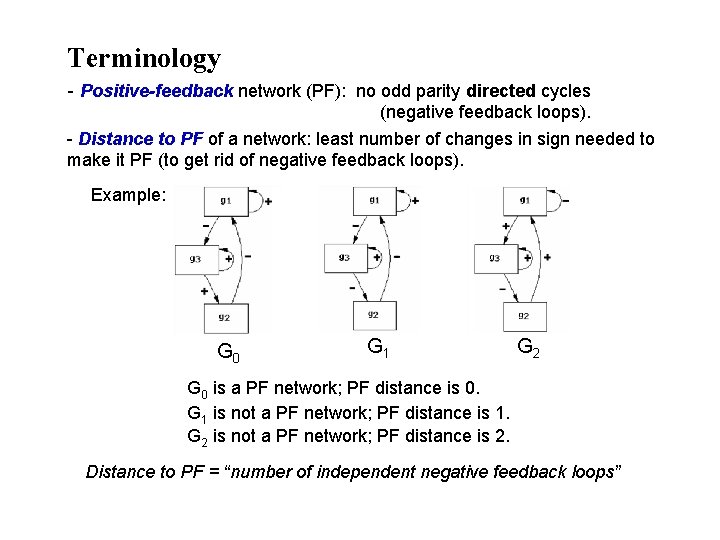 Terminology - Positive-feedback network (PF): no odd parity directed cycles (negative feedback loops). -