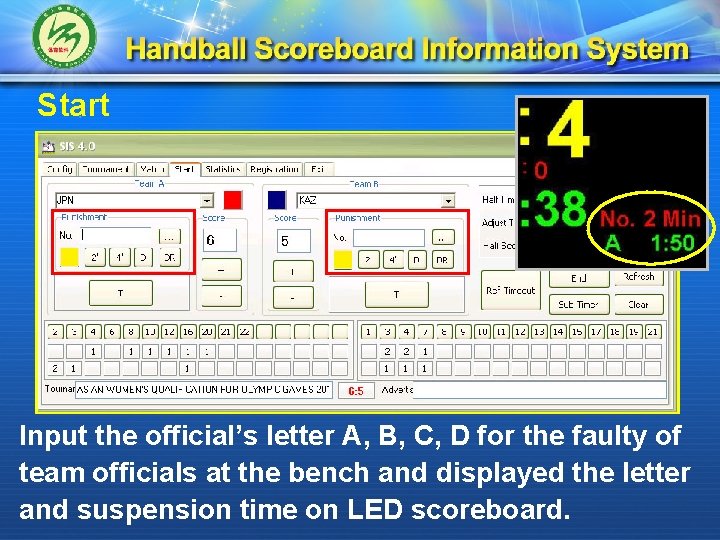 Start Input the official’s letter A, B, C, D for the faulty of team