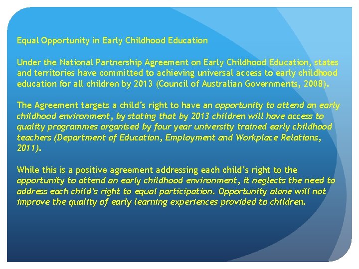 Equal Opportunity in Early Childhood Education Under the National Partnership Agreement on Early Childhood