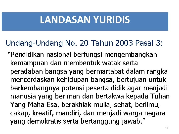 LANDASAN YURIDIS Undang-Undang No. 20 Tahun 2003 Pasal 3: “Pendidikan nasional berfungsi mengembangkan kemampuan