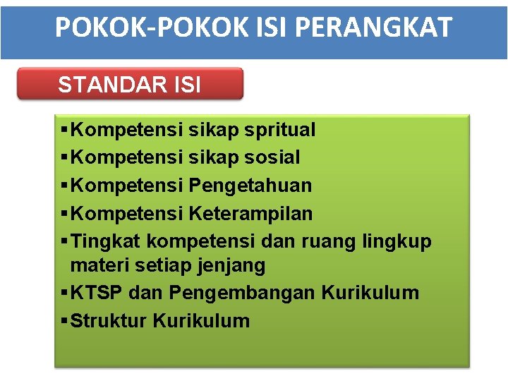 POKOK-POKOK ISI PERANGKAT STANDAR ISI § Kompetensi sikap spritual § Kompetensi sikap sosial §