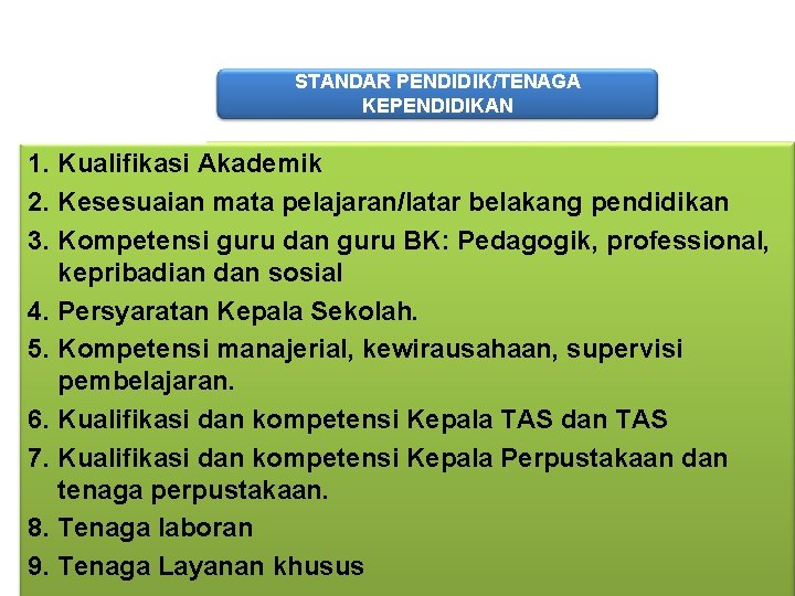 STANDAR PENDIDIK/TENAGA KEPENDIDIKAN 1. Kualifikasi Akademik 2. Kesesuaian mata pelajaran/latar belakang pendidikan 3. Kompetensi