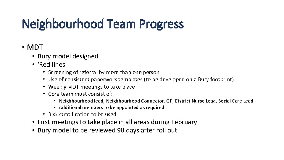 Neighbourhood Team Progress • MDT • Bury model designed • 'Red lines' • •