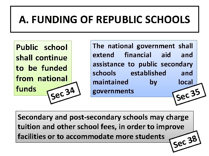 A. FUNDING OF REPUBLIC SCHOOLS Public school shall continue to be funded from national