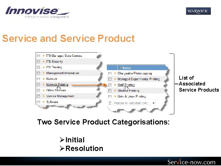 Service and Service Product List of Associated Service Products Two Service Product Categorisations: ØInitial