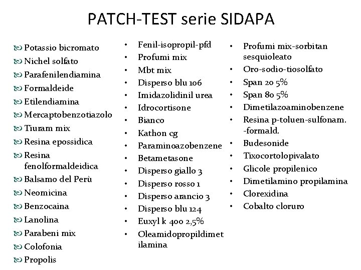 PATCH-TEST serie SIDAPA Potassio bicromato Nichel solfato Parafenilendiamina Formaldeide Etilendiamina Mercaptobenzotiazolo Tiuram mix Resina