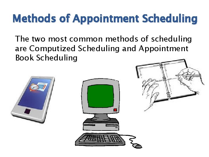 Methods of Appointment Scheduling The two most common methods of scheduling are Computized Scheduling