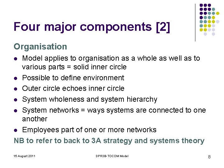 Four major components [2] Organisation Model applies to organisation as a whole as well