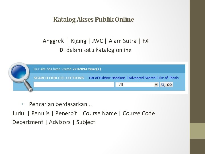 Katalog Akses Publik Online Anggrek | Kijang | JWC | Alam Sutra | FX