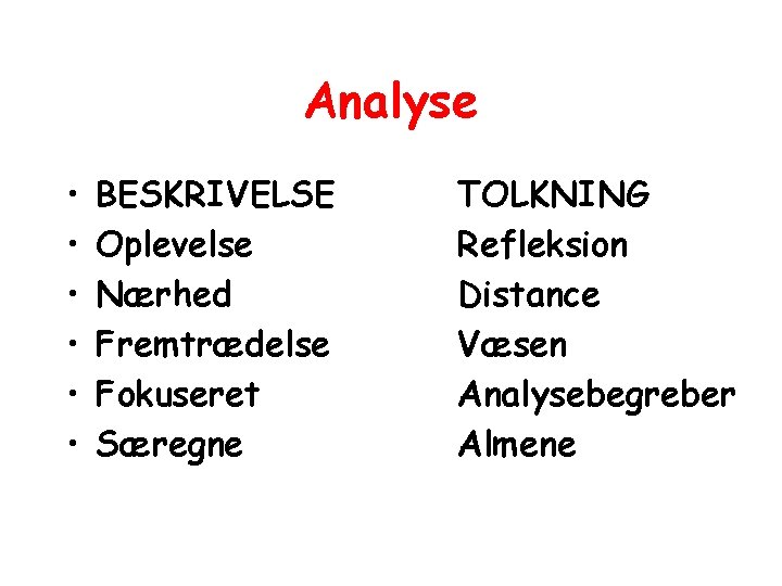 Analyse • • • BESKRIVELSE Oplevelse Nærhed Fremtrædelse Fokuseret Særegne TOLKNING Refleksion Distance Væsen
